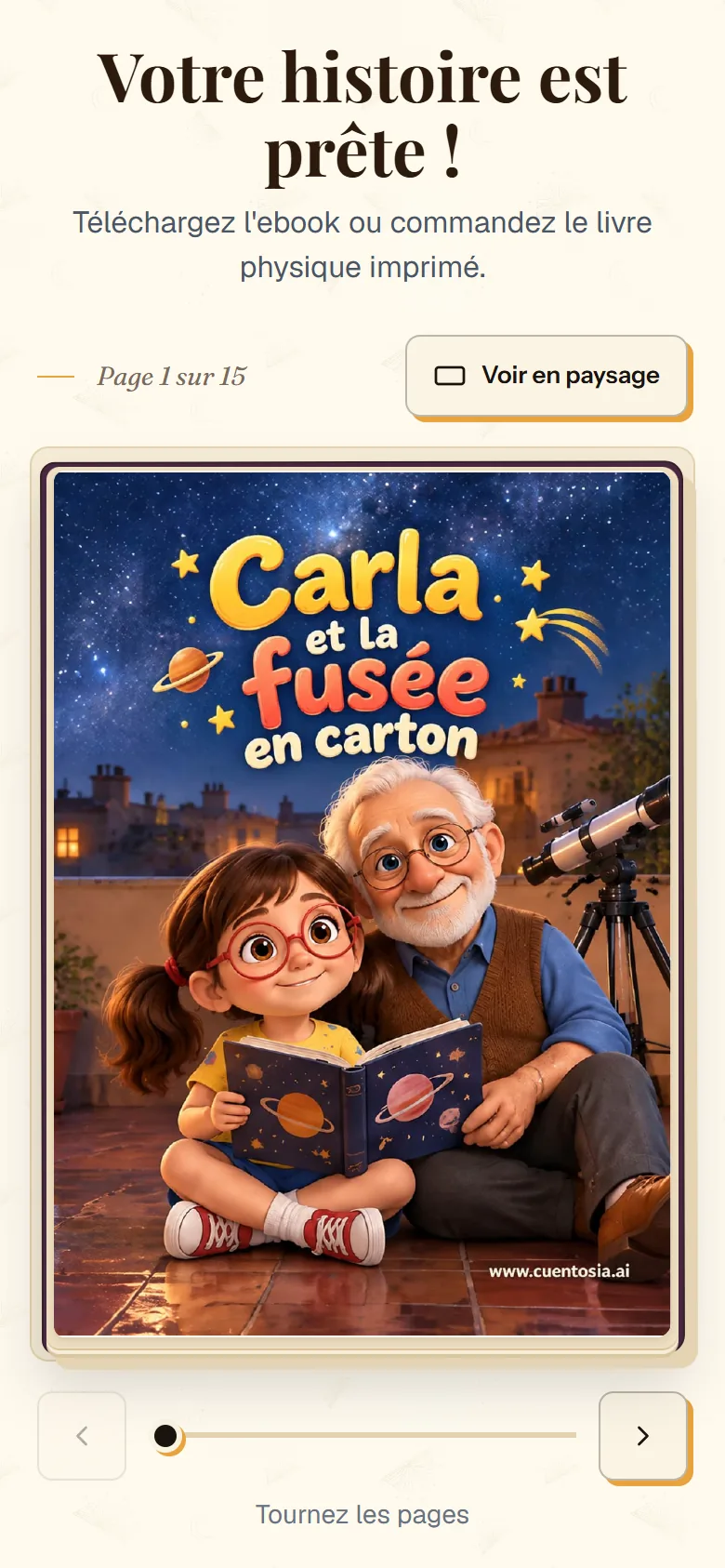 Écran « Votre histoire est prête ! » de cuentosIA avec la liseuse de l'histoire terminée