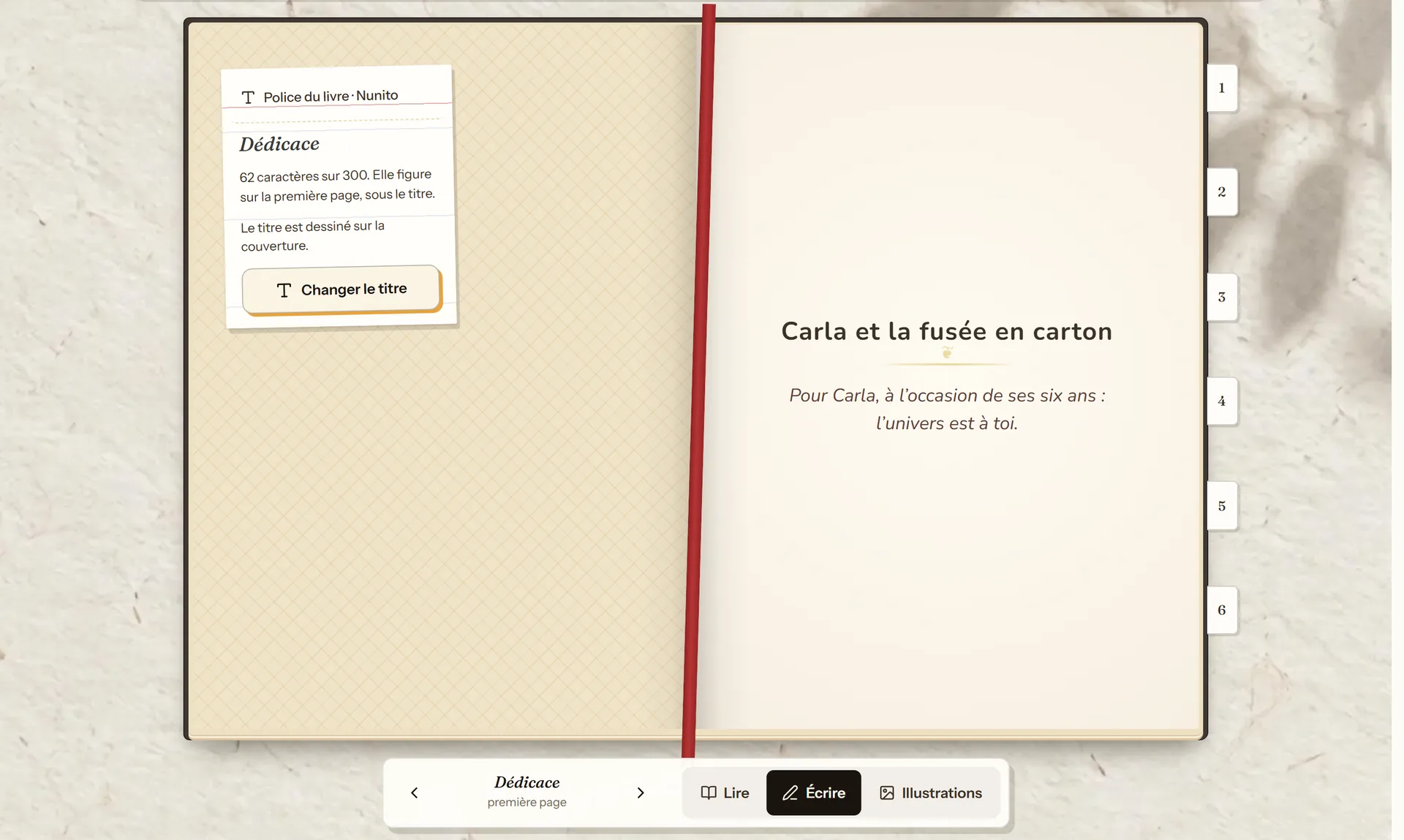 Page de la dédicace dans l'éditeur de cuentosIA, sous le titre de l'histoire