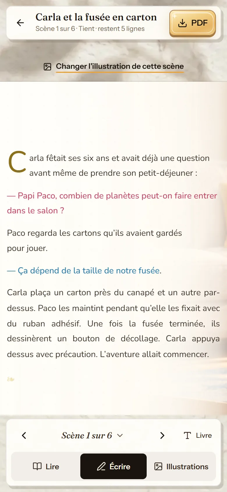 Éditeur de cuentosIA sur téléphone, en mode Écrire, avec l'indicateur de place de la page
