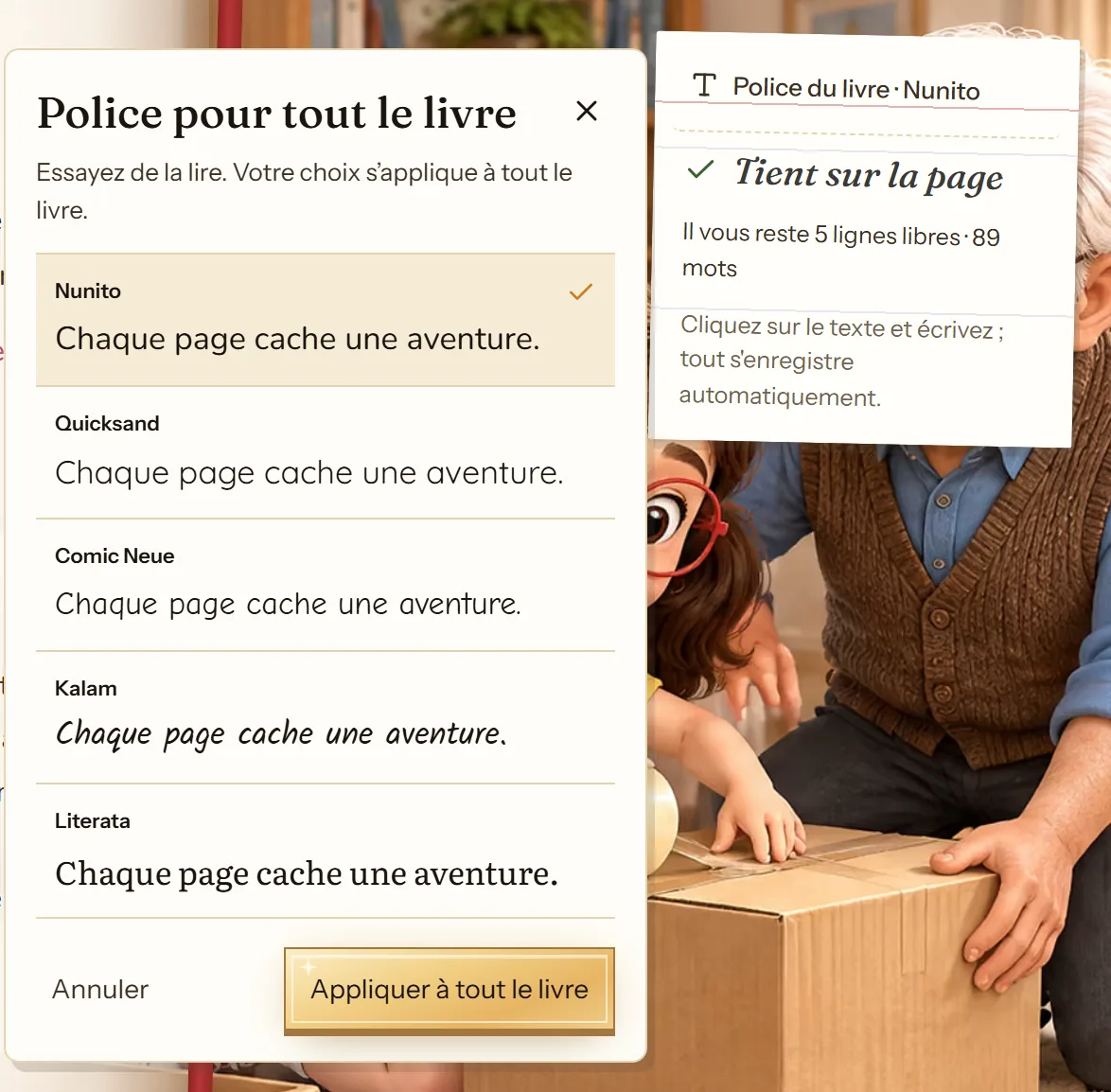 Essai de polices de l'éditeur de cuentosIA pour choisir la police de tout le livre