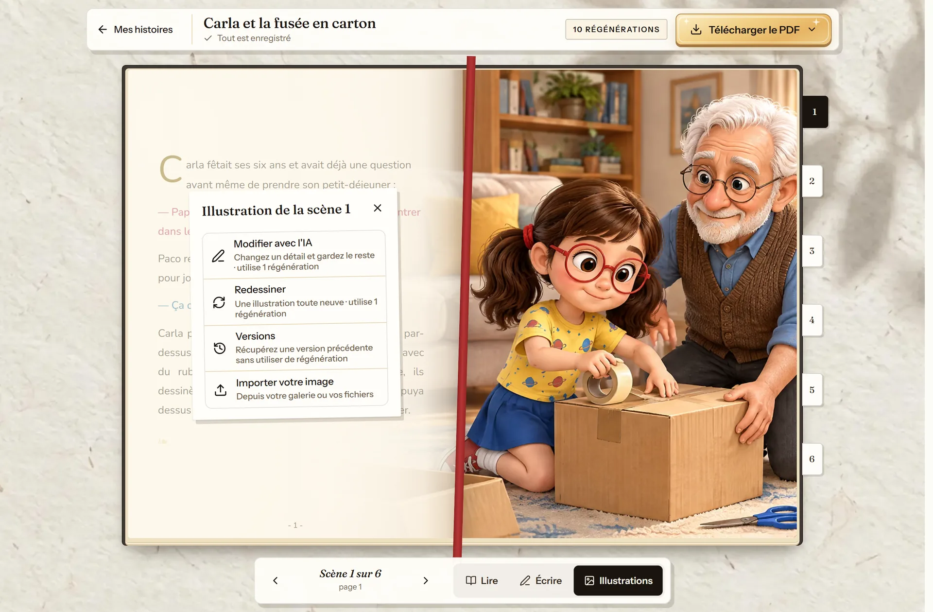 Panneau d'une scène dans l'éditeur de cuentosIA avec les quatre façons de changer l'illustration