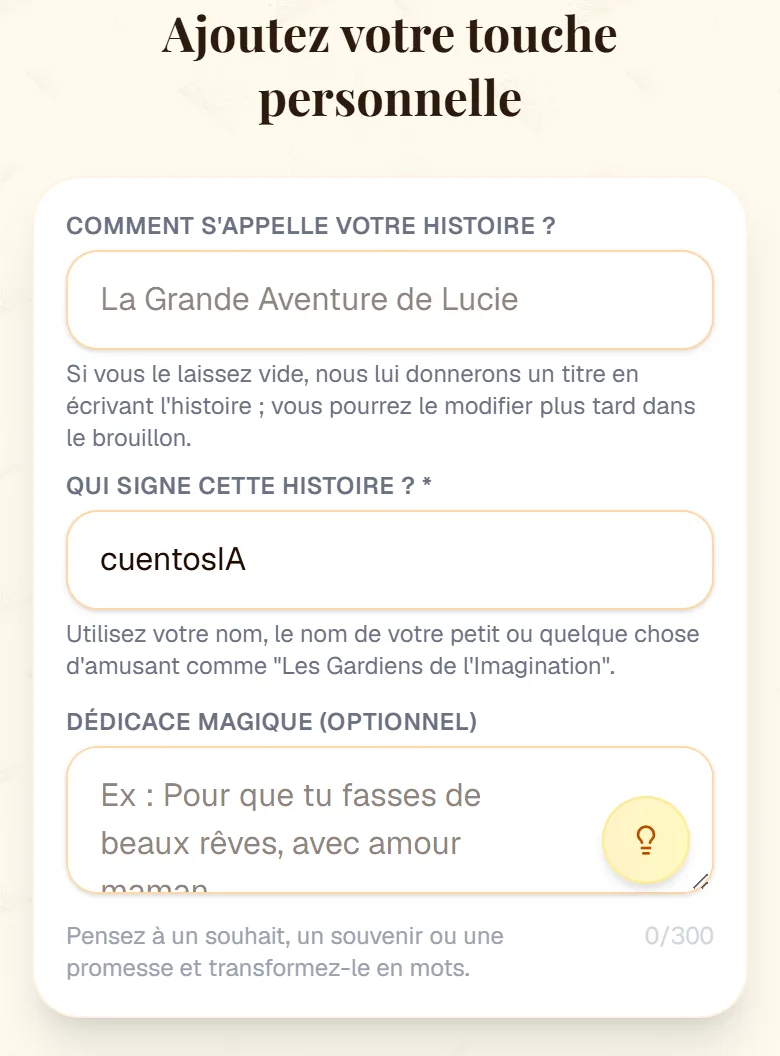Étape « Ajoutez votre touche personnelle » avec le titre, la signature et la dédicace avec le bouton M'inspirer