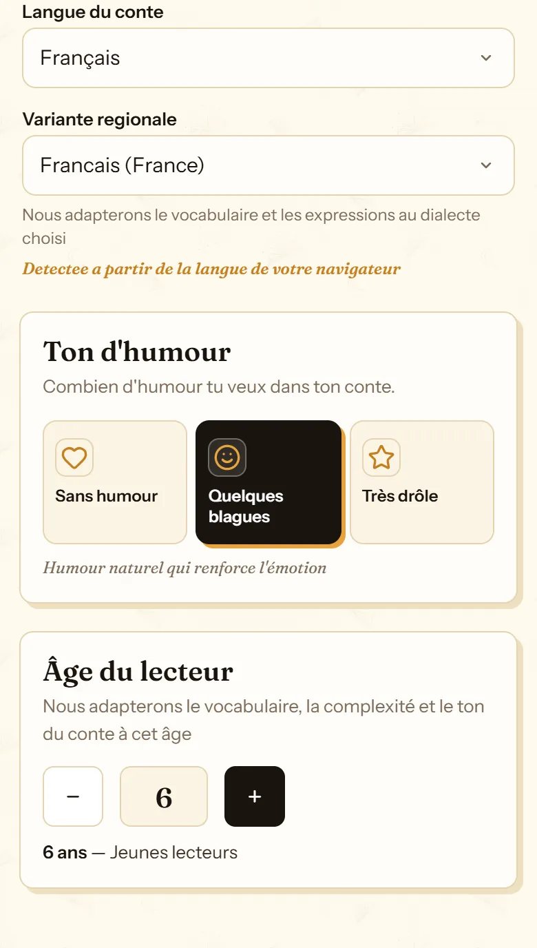 Réglages du texte sur cuentosIA : langue du conte, variante régionale, ton d'humour et âge du lecteur