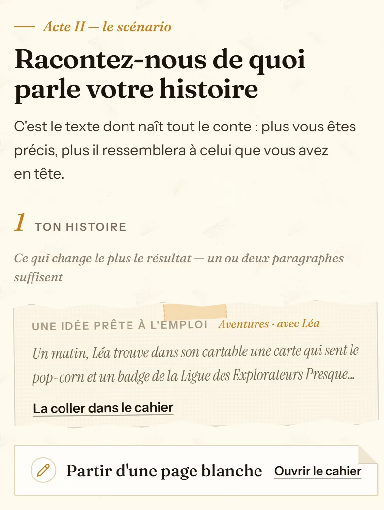 Bloc « Ton histoire » de cuentosIA avec les options Une idée prête à l'emploi et Partir d'une page blanche