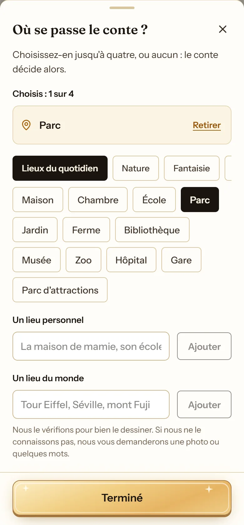 Feuille « Où se passe le conte ? » de cuentosIA avec le catalogue de lieux, Un lieu personnel et Un lieu du monde