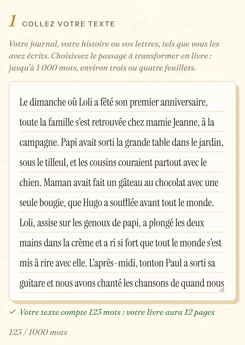 Champ « Collez votre texte » des souvenirs sur cuentosIA avec un souvenir de famille et le calcul des pages