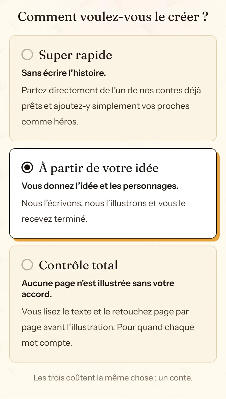Écran « Comment voulez-vous le créer ? » de cuentosIA avec les cartes Super rapide, À partir de votre idée et Contrôle total