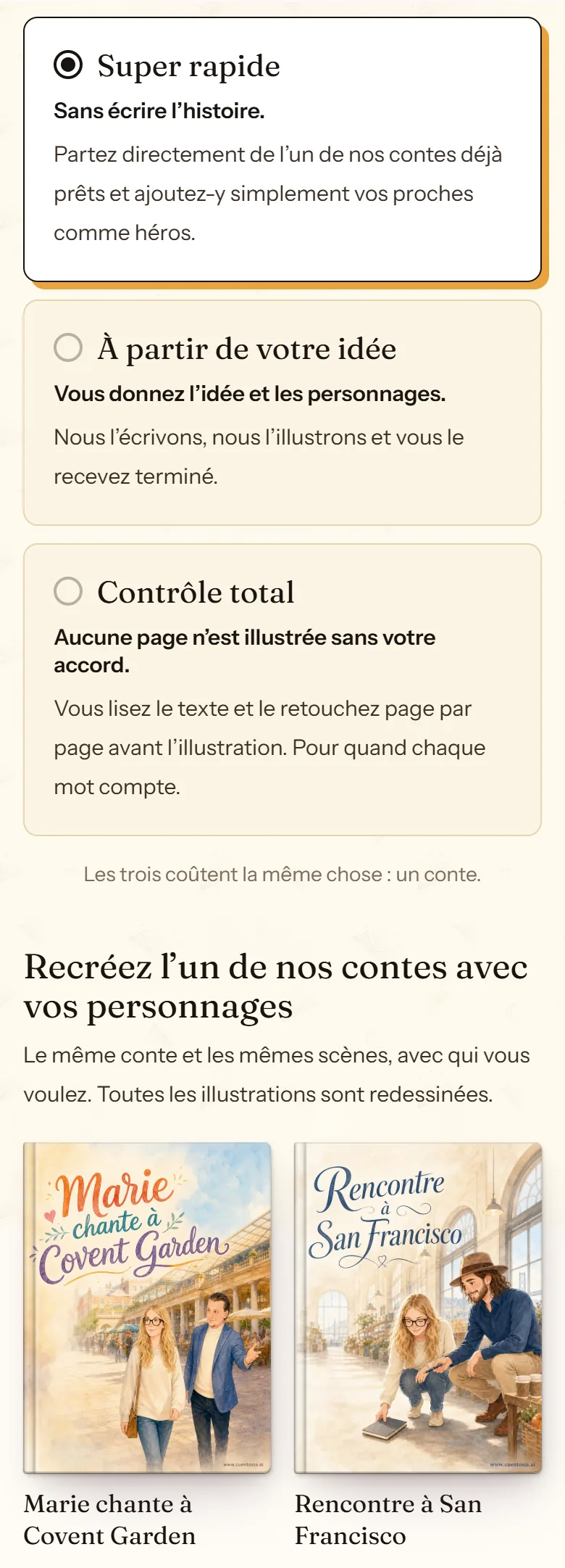 Panneau du mode Super rapide de cuentosIA pour recréer une histoire gratuite ou continuer l'une des vôtres