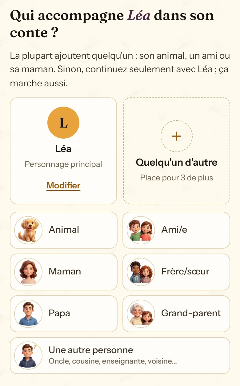 Écran des personnages de cuentosIA avec le personnage principal et les raccourcis pour ajouter ceux qui l'accompagnent