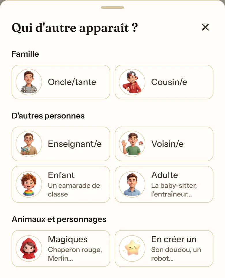 Feuille « Qui d'autre apparaît ? » avec les groupes Famille, D'autres personnes et Animaux et personnages