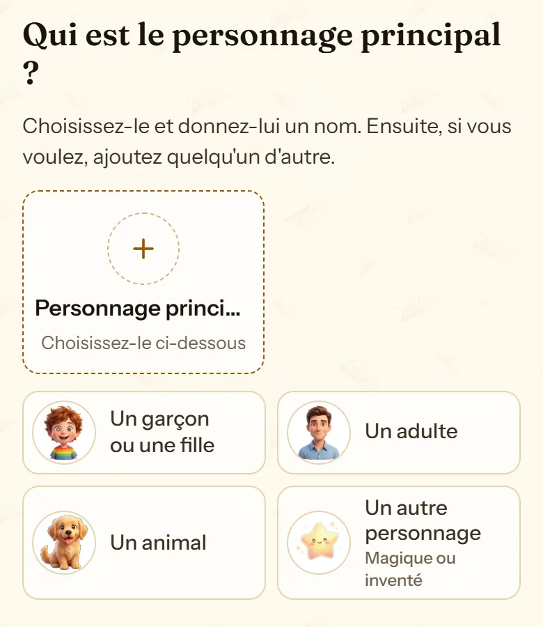 Question « Qui est le personnage principal ? » avec Un garçon ou une fille, Un adulte, Un animal et Un autre personnage
