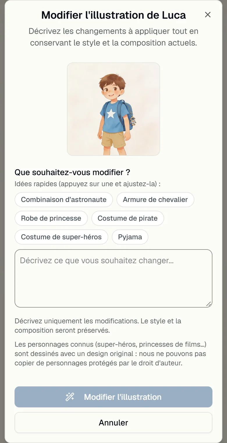 Panneau pour modifier l'illustration d'un personnage avec des idées rapides de déguisements