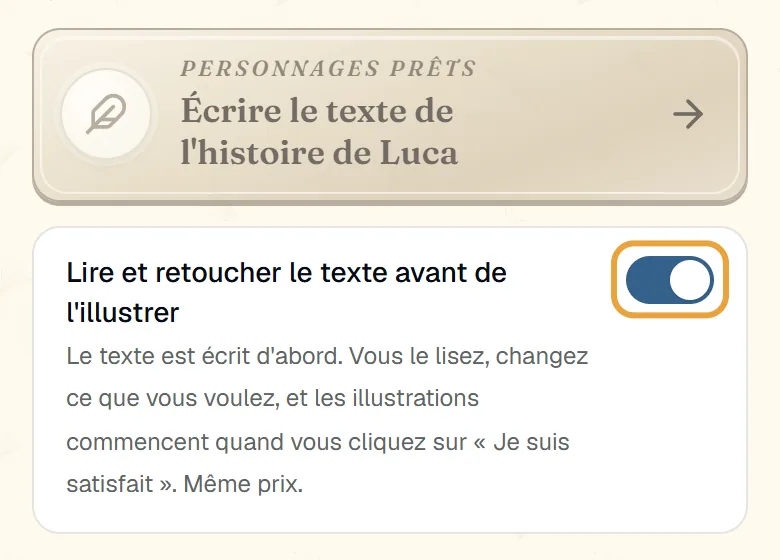 Interrupteur « Lire et retoucher le texte avant de l'illustrer » activé sur l'écran des portraits de cuentosIA