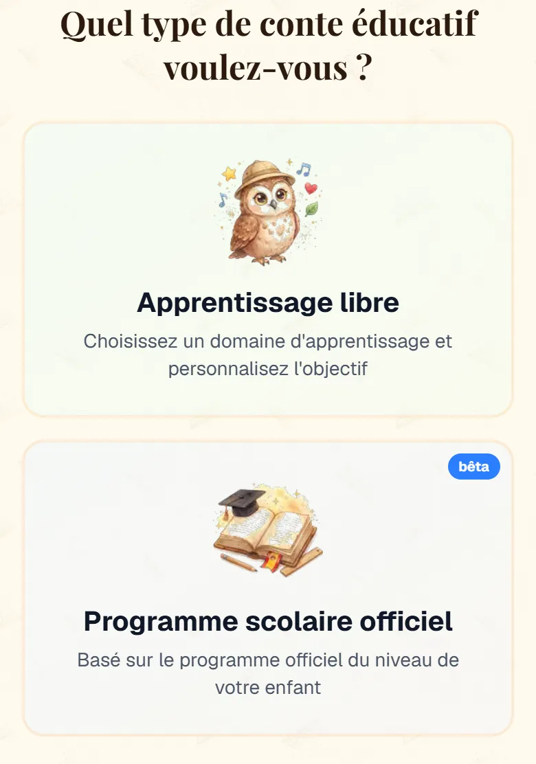 Question « Quel type de conte éducatif voulez-vous ? » avec Apprentissage libre et Programme scolaire officiel