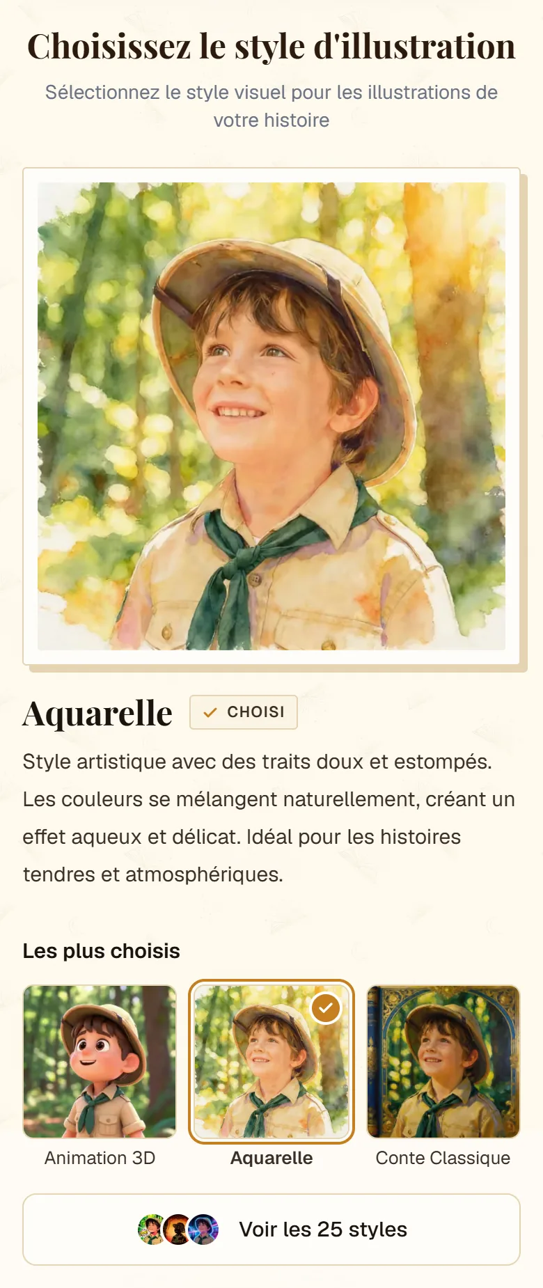 Sélecteur de style d'illustration de cuentosIA avec les trois plus choisis et les autres regroupés par ambiance