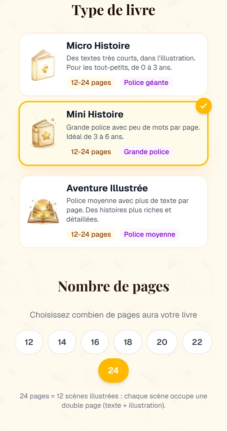 Cartes de type de livre Micro Histoire, Mini Histoire et Aventure Illustrée, et le nombre de pages de 12 à 24
