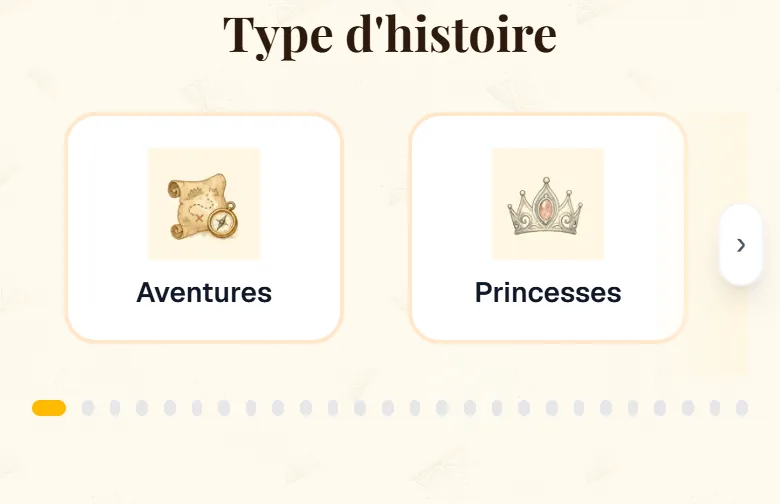 Thèmes de l'histoire narrative sur cuentosIA, comme Aventures, Princesses, Dinosaures ou Pour dormir