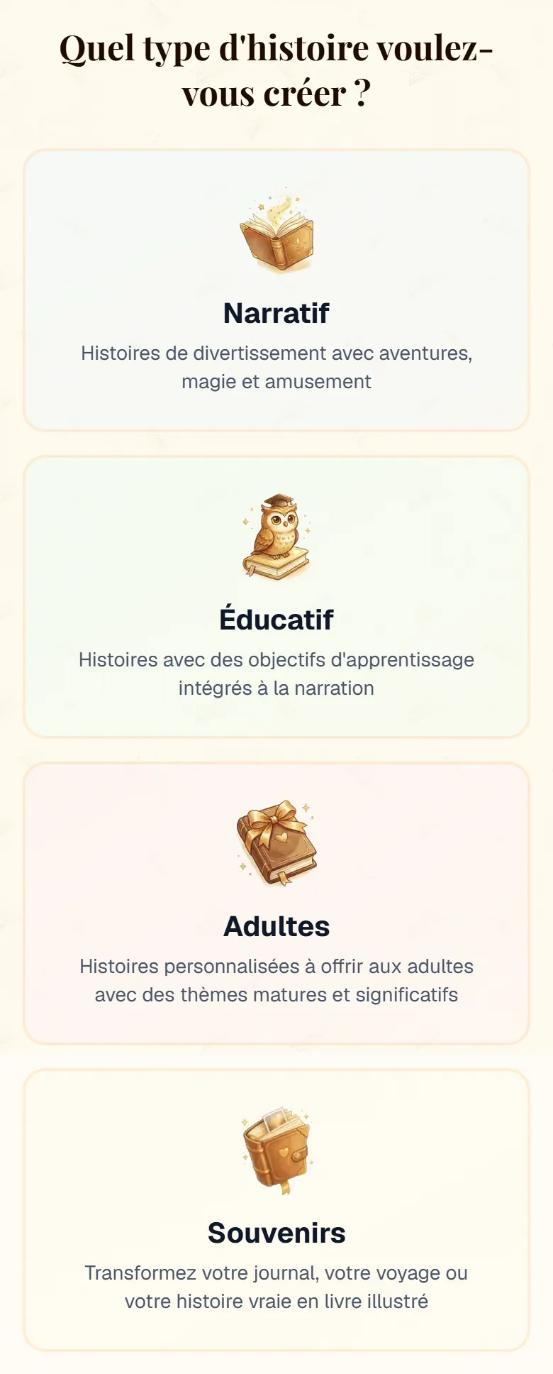 Les quatre cartes de type d'histoire sur cuentosIA : Narratif, Éducatif, Adultes et Souvenirs