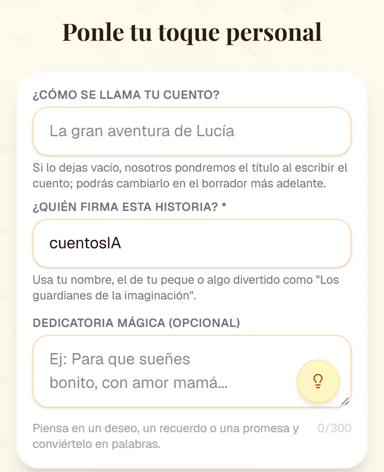 Paso «Ponle tu toque personal» con el título del cuento, la firma y la dedicatoria con el botón Inspirarme