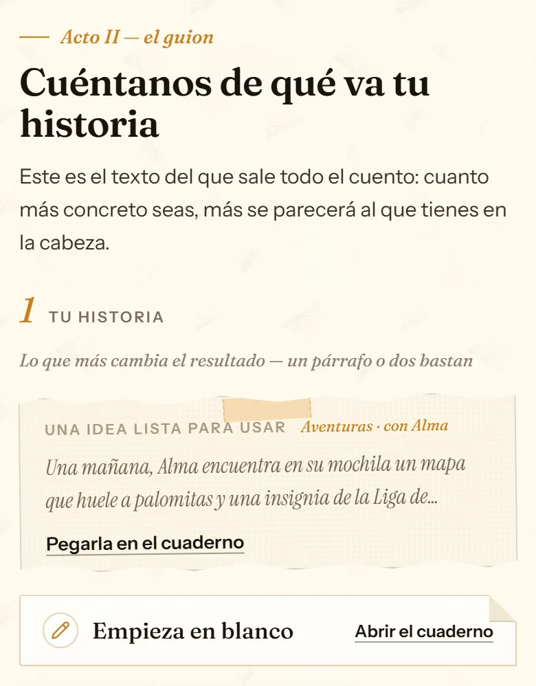 Bloque «Tu historia» de cuentosIA con las opciones Una idea lista para usar y Empieza en blanco