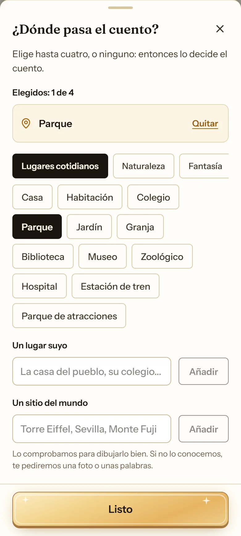Hoja «¿Dónde pasa el cuento?» de cuentosIA con el catálogo de lugares, Un lugar suyo y Un sitio del mundo