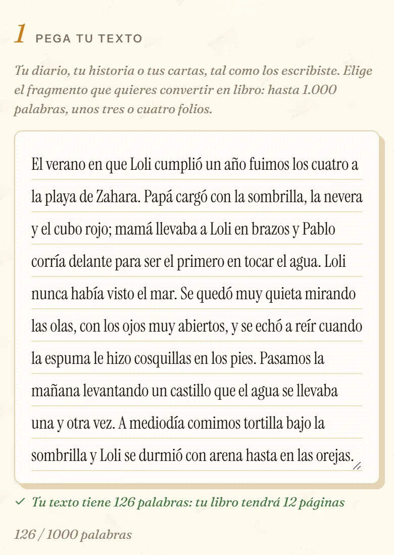 Campo «Pega tu texto» de las memorias en cuentosIA con un recuerdo de un viaje y el cálculo de páginas