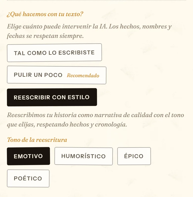 Opciones Tal como lo escribiste, Pulir un poco y Reescribir con estilo para el texto de unas memorias