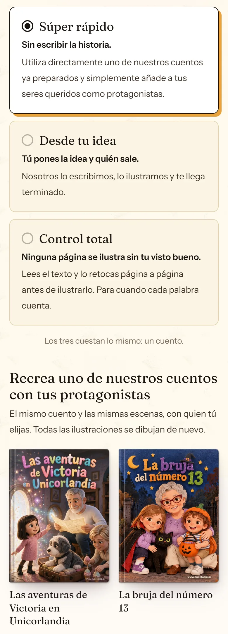 Panel del modo Súper rápido de cuentosIA para recrear un cuento gratis o continuar uno propio