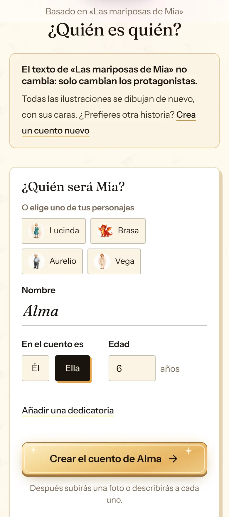 Pantalla «¿Quién es quién?» de cuentosIA para elegir quién hace cada papel al recrear un cuento