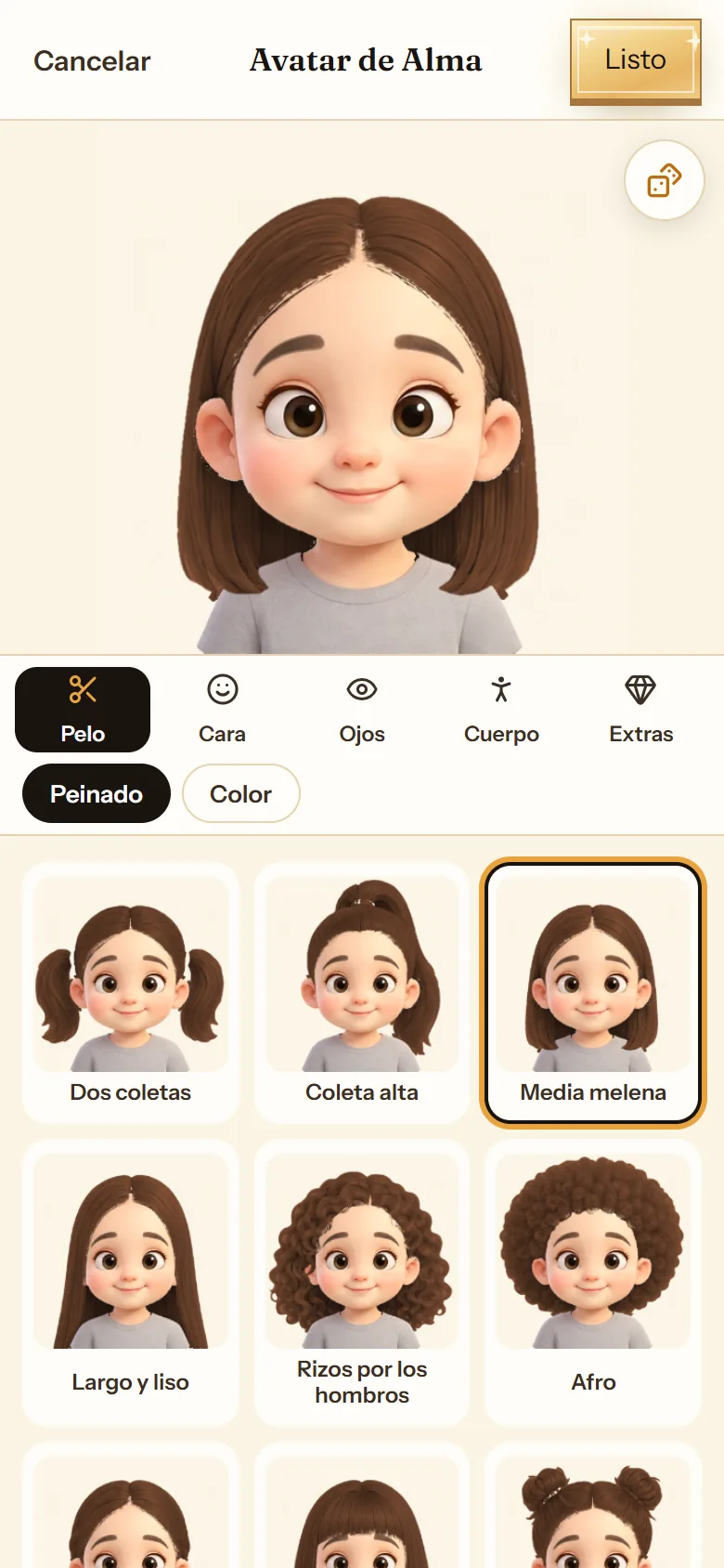 Creador de avatar 3D de cuentosIA con las opciones de pelo, cara, ojos y accesorios
