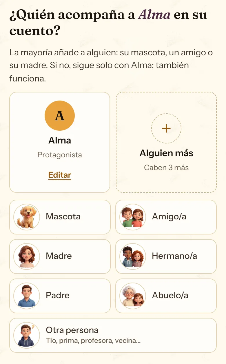 Reparto con el protagonista y los atajos para añadir a su mascota, amigos o familia