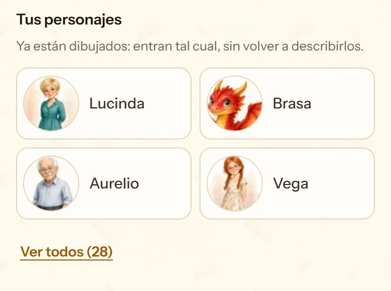 Lista «Tus personajes» con personajes ya dibujados en otros cuentos