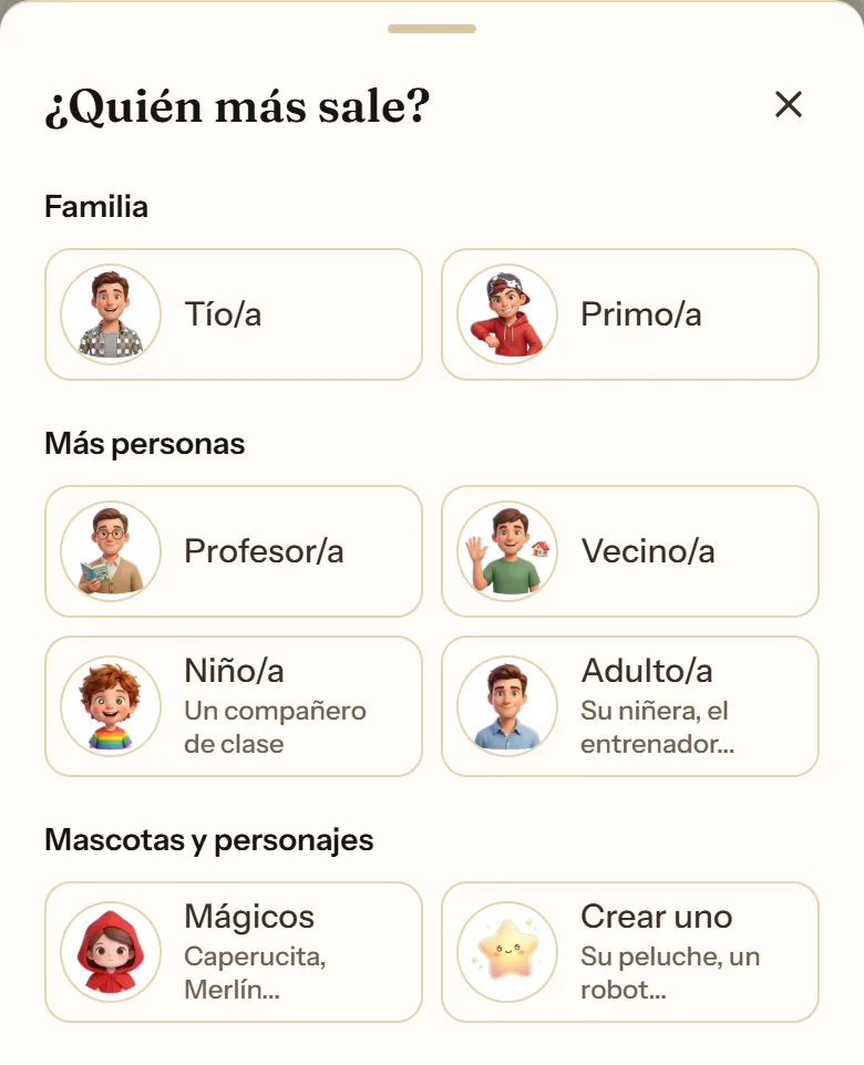 Hoja «¿Quién más sale?» con los grupos Familia, Más personas y Mascotas y personajes