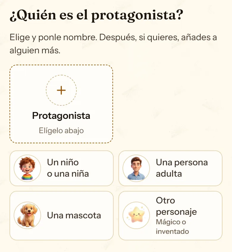 Pregunta «¿Quién es el protagonista?» con las opciones Un niño o una niña, Una persona adulta, Una mascota y Otro personaje