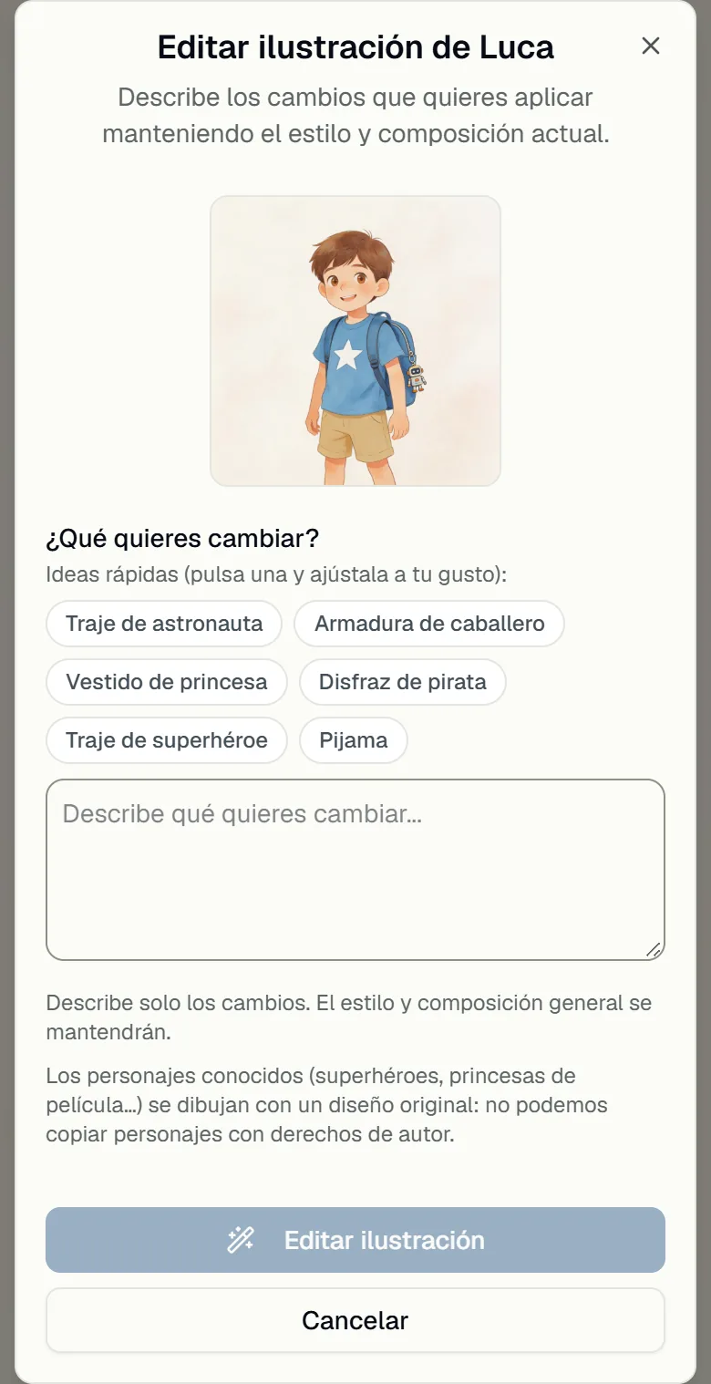 Panel para editar la ilustración de un personaje con ideas rápidas de disfraces