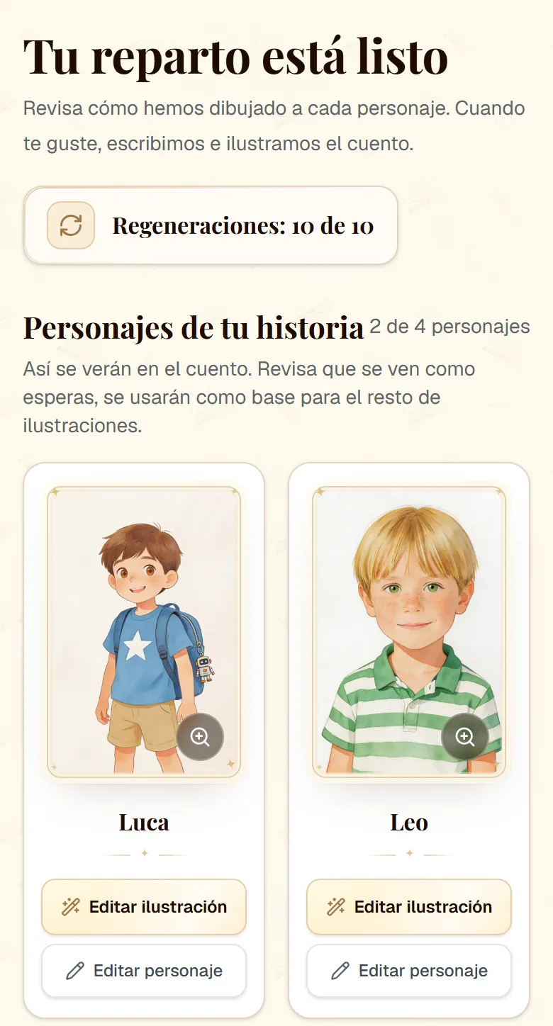 Pantalla «Tu reparto está listo» con los retratos ilustrados de Luca y Leo
