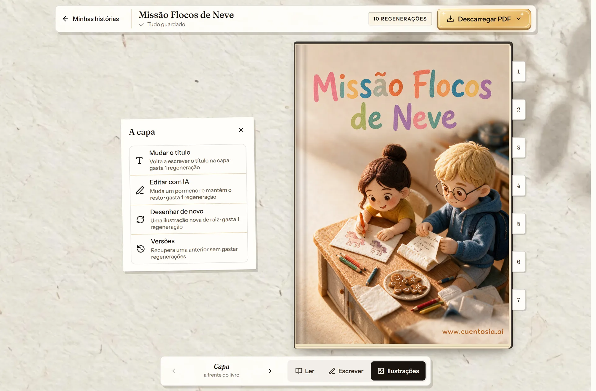 Painel da capa no editor do cuentosIA com Mudar o título, Editar com IA e as restantes opções