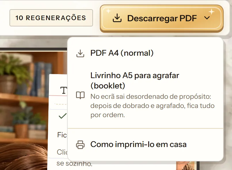 Menu Descarregar PDF do editor do cuentosIA com PDF A4 normal, Livrinho A5 para agrafar e Como imprimi-lo em casa