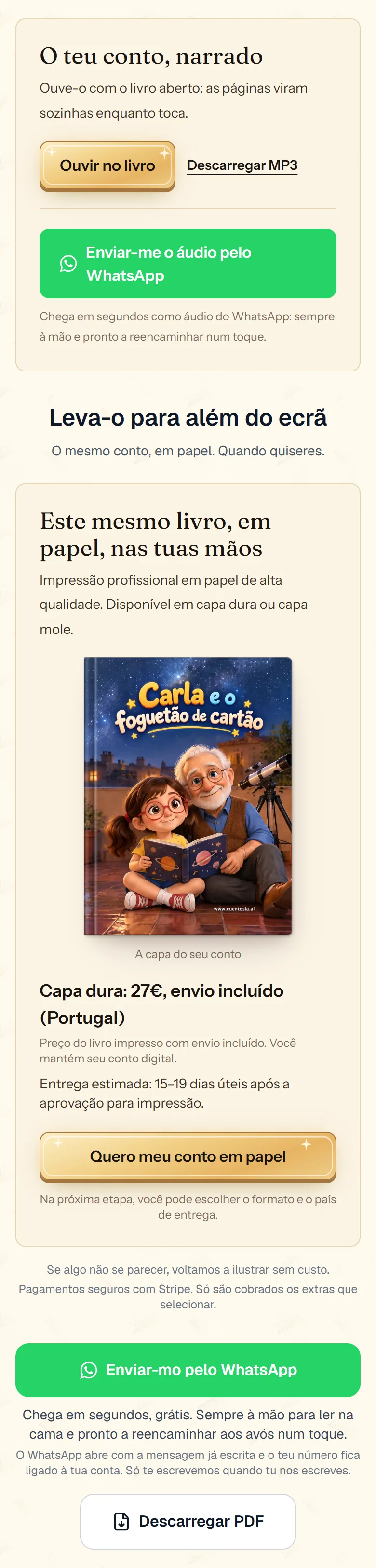 Zona para descarregar o conto acabado no cuentosIA: PDF, conto em papel e narração