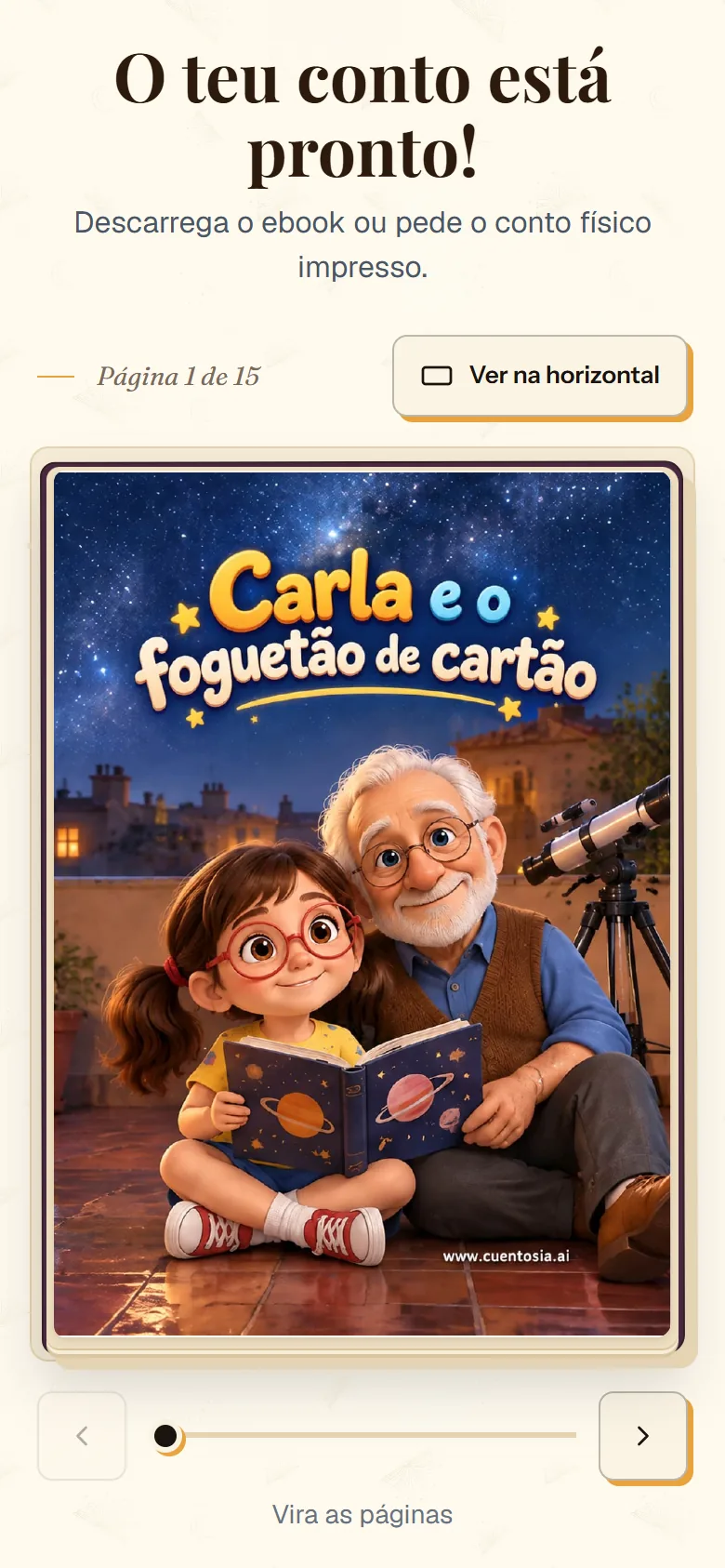Ecrã «O teu conto está pronto!» do cuentosIA com o leitor do conto acabado