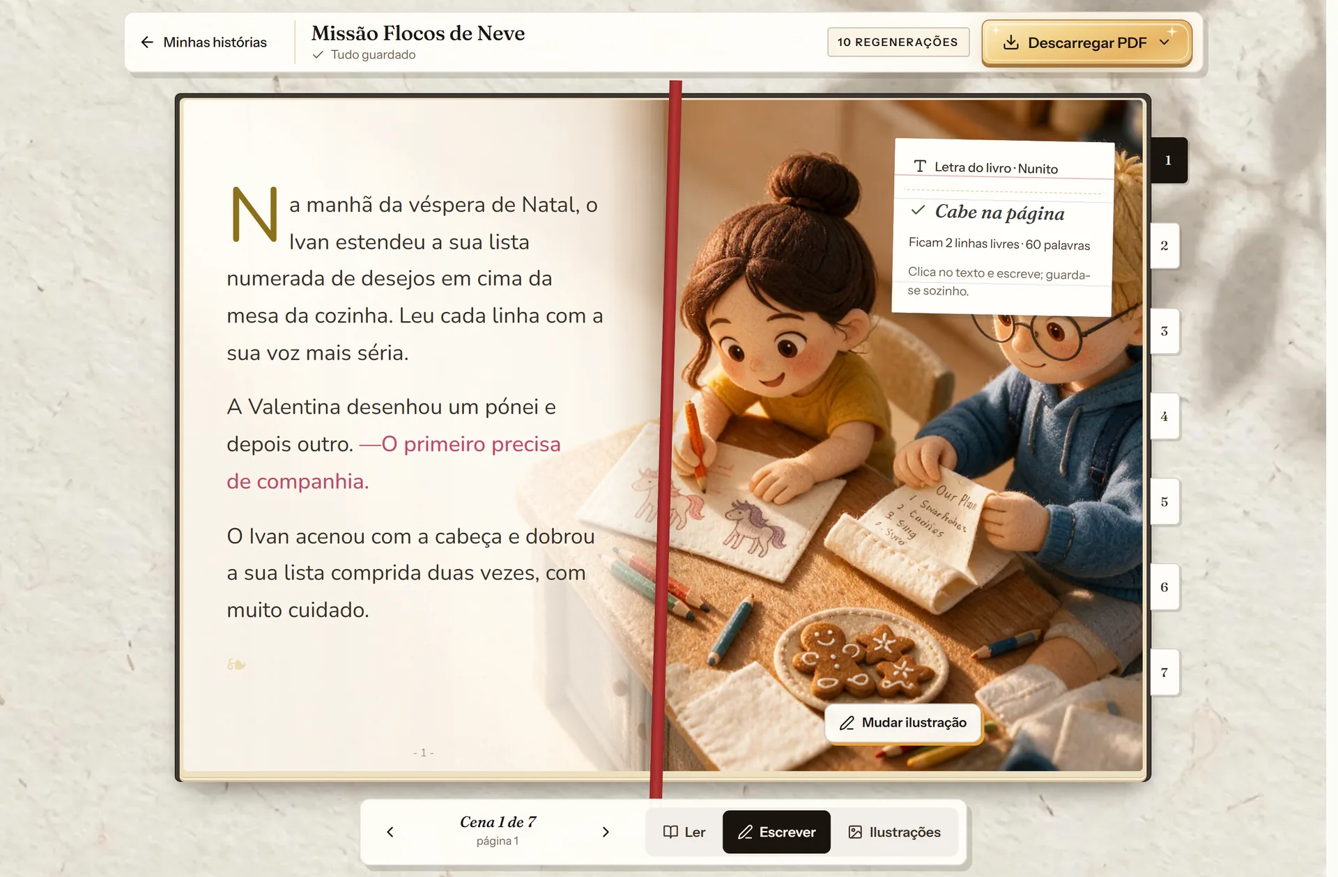 Editor do cuentosIA no modo Escrever, com o texto de uma cena e o medidor que indica se cabe na página