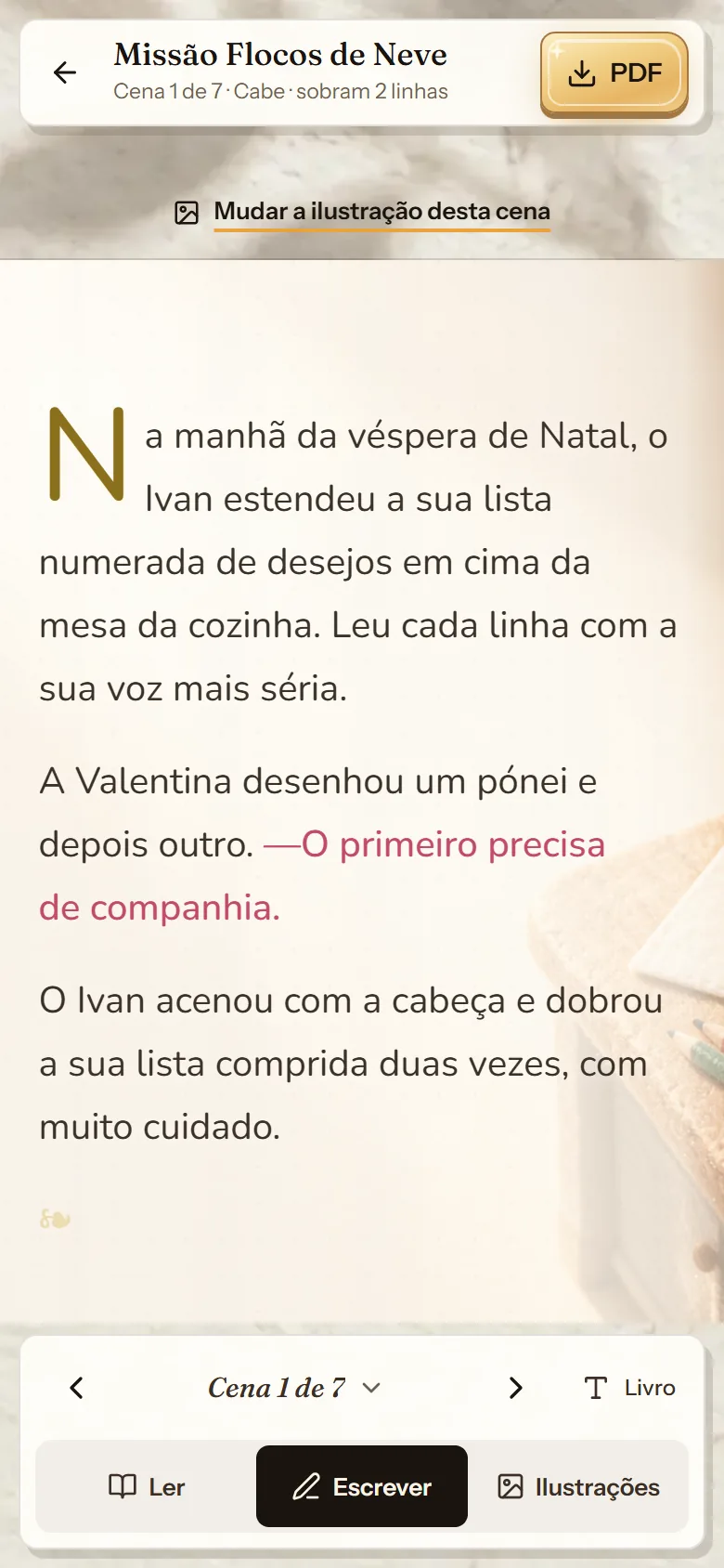 Editor do cuentosIA no telemóvel, no modo Escrever, com o medidor de espaço da página