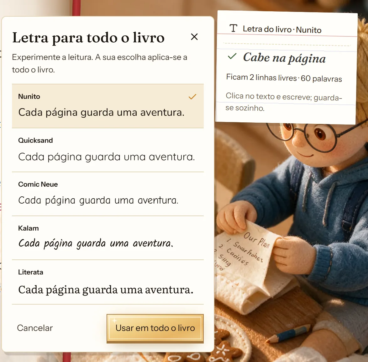 Prova de letras do editor do cuentosIA para escolher a letra do livro todo