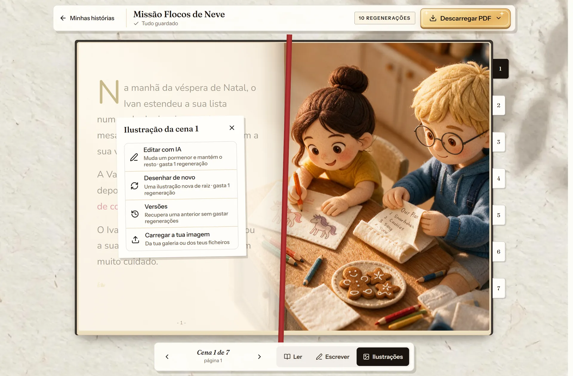 Painel de uma cena no editor do cuentosIA com as quatro formas de mudar a ilustração