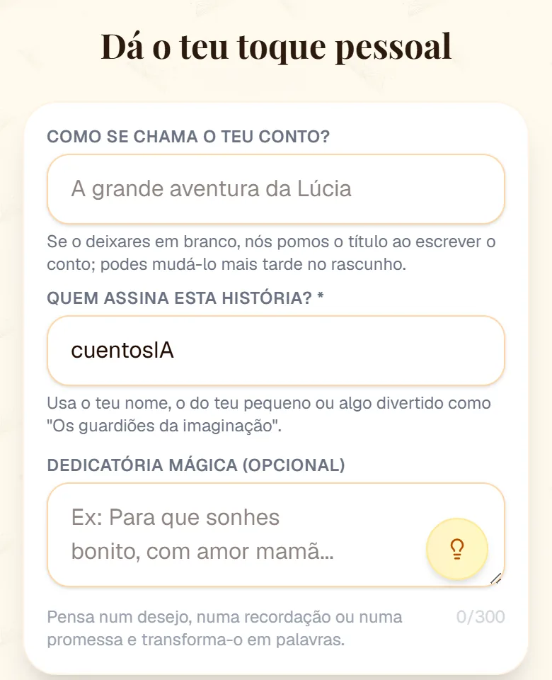 Passo «Dá o teu toque pessoal» com o título do conto, a assinatura e a dedicatória com o botão Inspirar-me