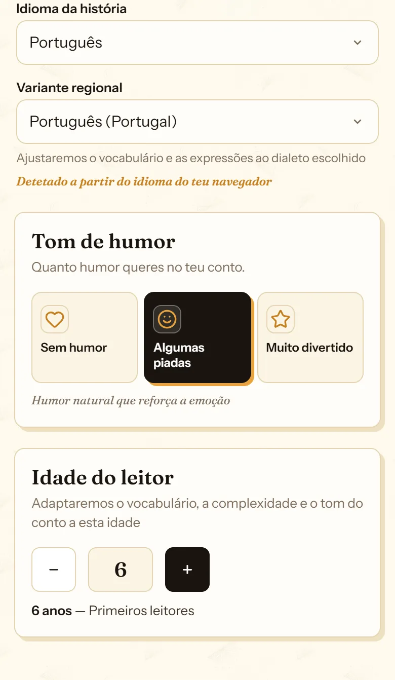 Ajustes do texto no cuentosIA: idioma da história, variante regional, tom de humor e idade do leitor