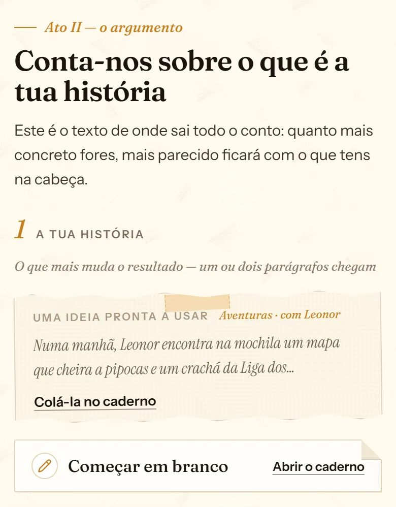 Bloco «A tua história» do cuentosIA com as opções Uma ideia pronta a usar e Começar em branco