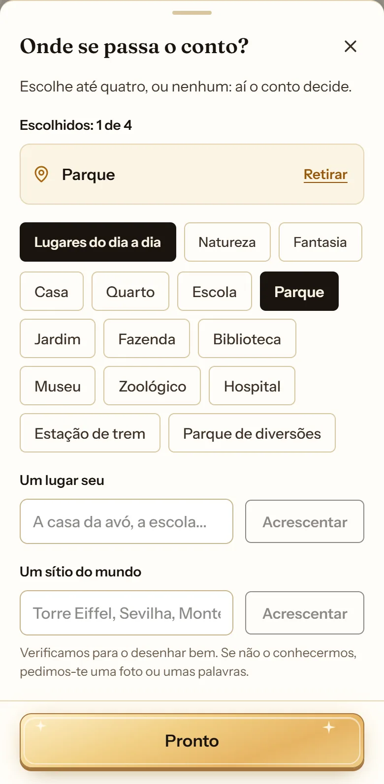 Folha «Onde se passa o conto?» do cuentosIA com o catálogo de lugares, Um lugar seu e Um sítio do mundo