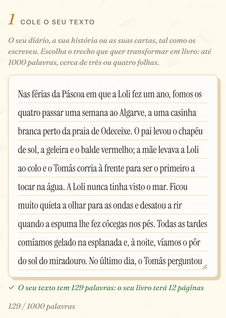 Campo «Cole o seu texto» das memórias no cuentosIA com uma recordação de férias e o cálculo de páginas