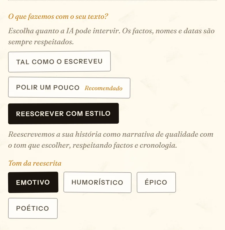 Opções Tal como o escreveu, Polir um pouco e Reescrever com estilo para o texto de umas memórias